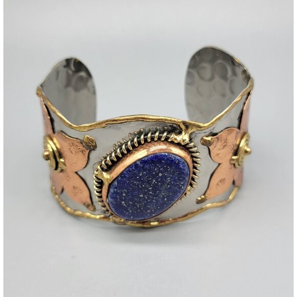 Mixed Metal Copper Flower Blue Lapiz Lazuli Cuff Bracelet B1A - Picture 8 of 9
